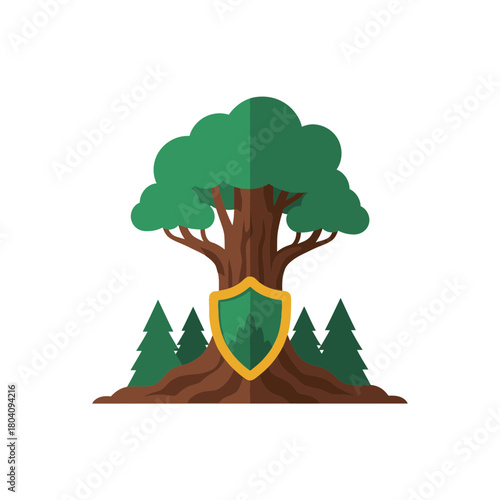 Tree with shield and smaller trees in forest setting.