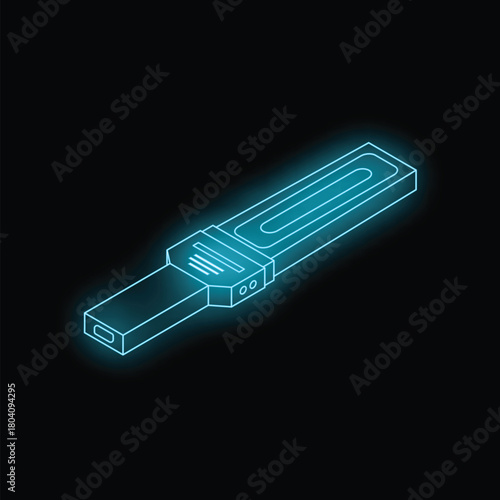Neon blue isometric usb flash drive glowing on a black background, representing data storage and transfer in a futuristic style