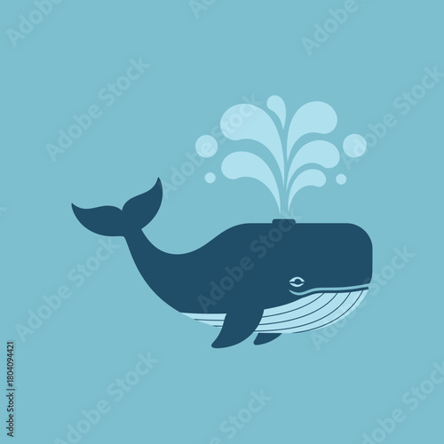 Blue whale spouting water in a light blue ocean.