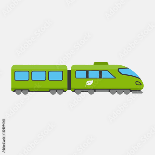 Green toy train with blue windows on a white background.