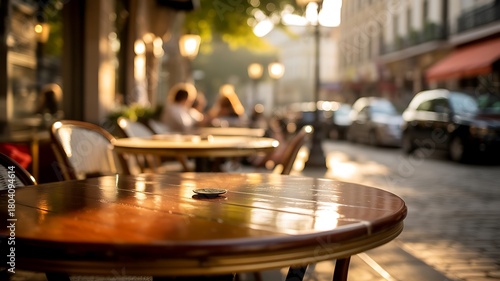Fototapeta Naklejka Na Ścianę i Meble -  Cozy Parisian Cafe Scene with Warm Lighting and Empty Tables