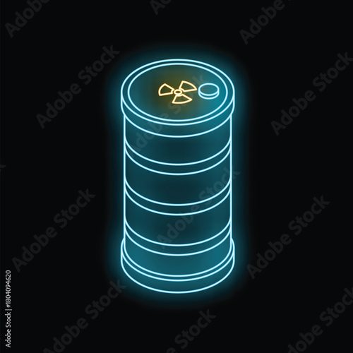 Neon blue and yellow glowing radioactive waste barrel on black background