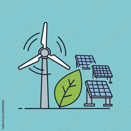 Wind turbine solar panels and leaf represent renewable energy.