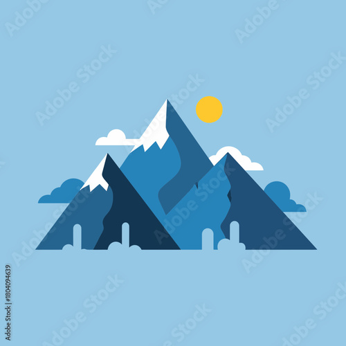 Stylized mountain range with sun and clouds under blue sky.