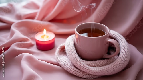 Cozy scene with steaming cup of tea and burning candle