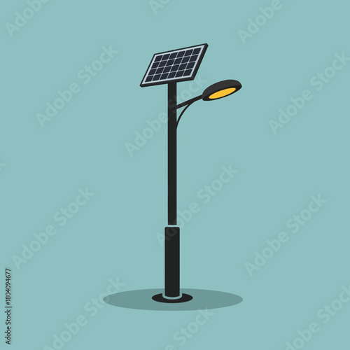 A solar powered street light on a pole against a blue background.