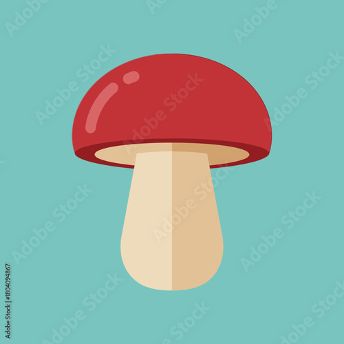 Red mushroom with cream stem on a teal background.