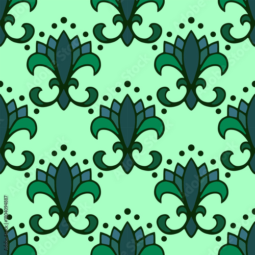 Vector seamless pattern lily flower fleur de lis on green background. Основные RGB