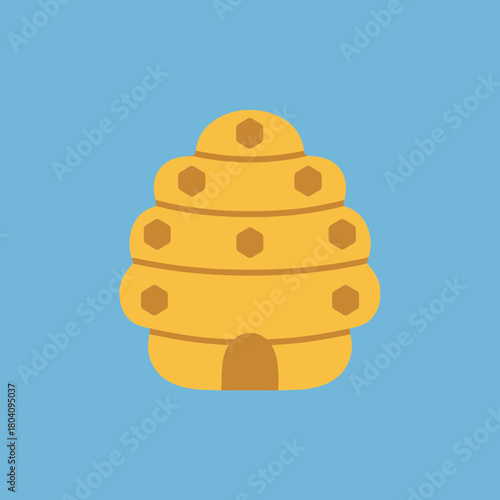 A stylized yellow beehive with a blue background.