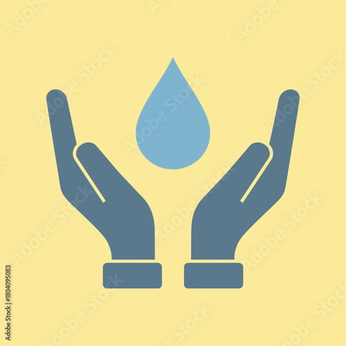 Hands cupping a falling water droplet against a yellow background.