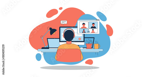 A person working remotely at a desk, attending a video conference call, using a computer, with a modern, colorful illustration.