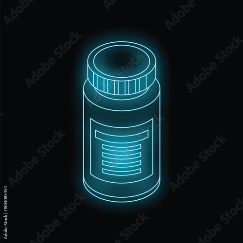 Neon blue medicine bottle glowing on a dark background, representing pharmaceuticals, healthcare, and wellness