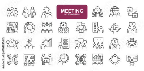 Set of line icons related to meeting, leadership, workplace, seminar. Outline icons collection