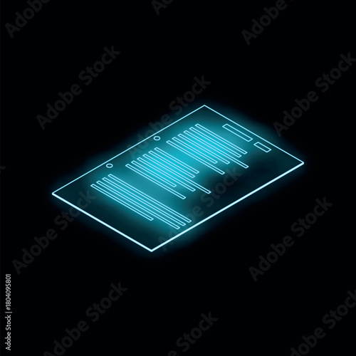 Futuristic glowing blue isometric document icon on a dark background, representing digital information or online contracts