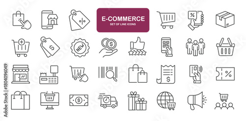 Set of line icons related to user e-commerce, online shop, market, store. Outline icons collection