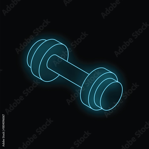 Neon blue dumbbell glowing on a black background, symbolizing fitness, workout, and a healthy lifestyle