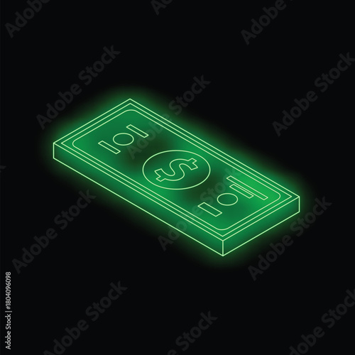 Neon green dollar bill glowing on black background representing wealth, finance, and economic concepts