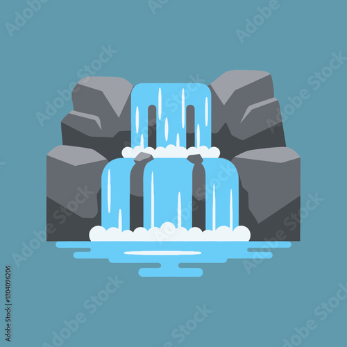 A stylized waterfall cascades over rocks into a pool.