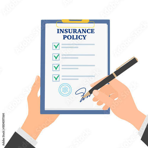 Person signs an insurance policy holding clipboard in hand. Insurance policy on clipboard. Contract policy agreement