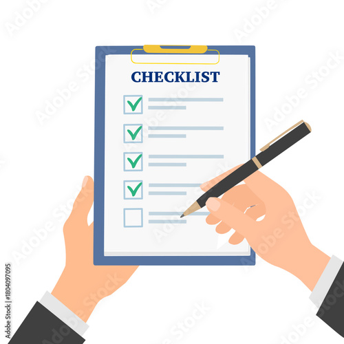 Hand holding clipboard with checklist and pen, marking checkboxes. Human filling control list on notepad