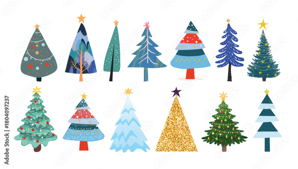 Obraz premium A set of decorative Christmas trees with stars and ornaments on a white background. Flat vector illustration with stylized fir trees. Winter holiday and New Year concept for design, greeting cards