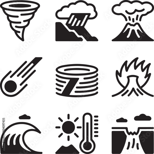 Black and white vector icons depicting various natural disasters and environmental threats.