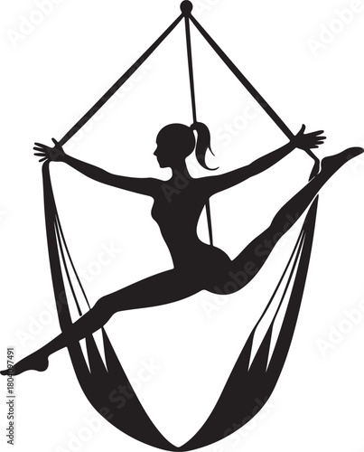 Aerial yoga pose, black silhouette of a woman suspended in a silk hammock