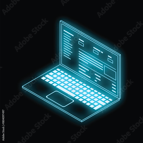 Neon blue laptop displaying lines of code, representing programming, technology, and innovation
