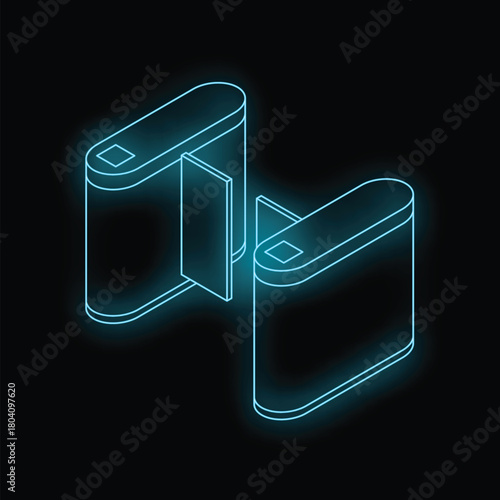 Futuristic isometric turnstile gate opening, allowing access on dark background