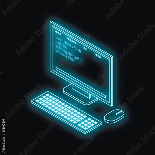 Isometric view of a glowing desktop computer displaying hello, world. program code in multiple programming languages