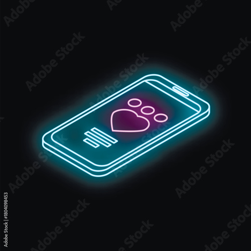 Glowing neon smartphone displaying pet care app with heart and paw print symbol, representing love and care for animals