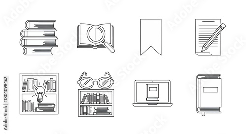 Set of outline icons for education and reading including books, library, and study symbols