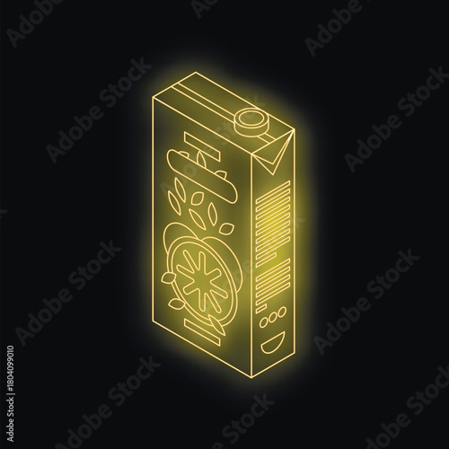 Glowing neon outline of a juice pack, featuring citrus fruit slices and leaves, set against a dark background, creating a vibrant and refreshing visual