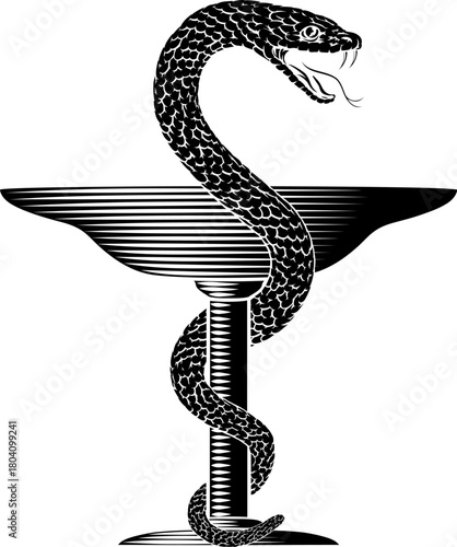 Bowl of Hygeia medical symbol, sign or icon for Pharmacy or a Pharmacist. A cup with a snake wrapped or intertwined around it.