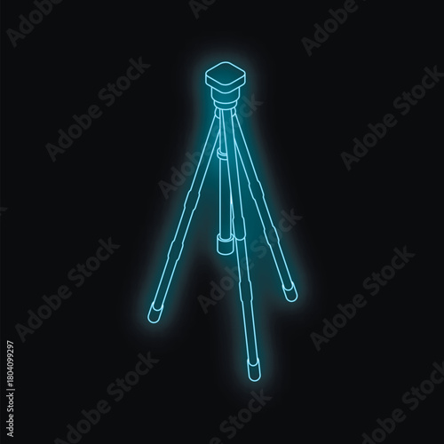 Glowing neon blue tripod on a black background, representing photography, stability, and support