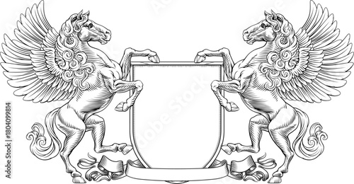 A heraldry crest Pegasus winged horse family coat of arms heraldic shield emblem design in an old medieval vintage style
