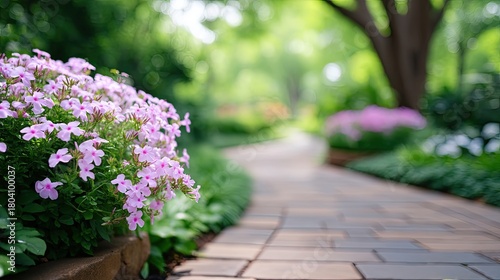 Wallpaper Mural Serene Garden Path with Blooming Pink Flowers and Lush Green Foliage in Soft Focus, Perfect for Nature and Tranquility Themes Torontodigital.ca
