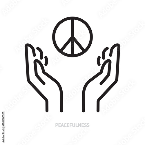 Peacefulness line icon. Black sign. Human hands, peace symbol. Love of peace, core value concept. Vector illustration. Editable stroke. Isolated on a white background.