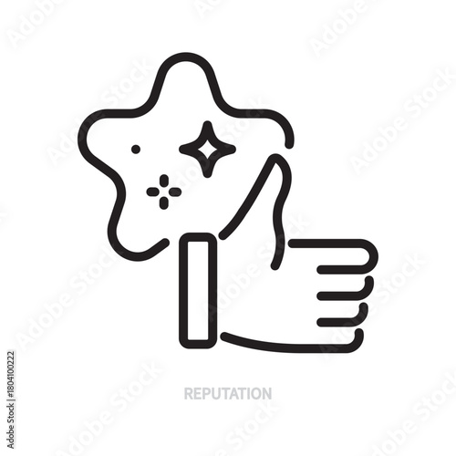 Reputation line icon. Black sign. Thumbs up, like symbol. Star shape. Core value, importance concept. Vector illustration. Editable stroke. Isolated on a white background.