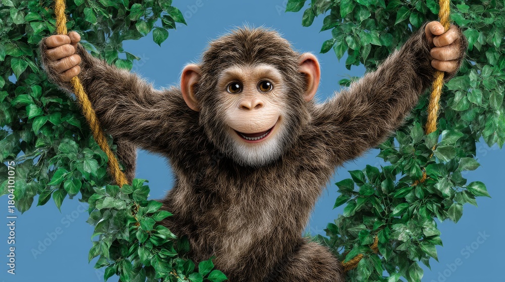 Obraz premium Cartoon monkey swinging joyfully from tree vines against a blue background, showcasing vibrant colors and playful expression