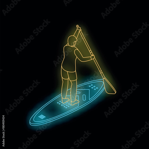 Neon sign of a man practicing stand up paddle boarding, perfect for promoting water sports and recreational activities
