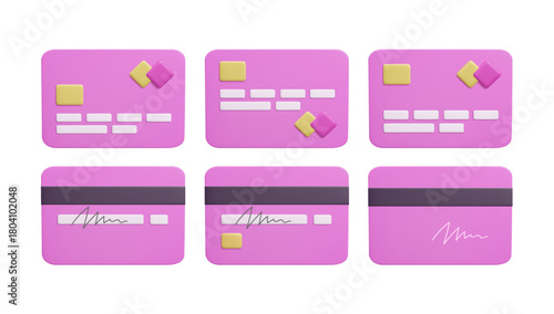 Pink bank credit cards design 3D render set. Safe online transaction, secure and fast business shopping technology, contactless payment bank debit and credit cards isolated on white background 3D.