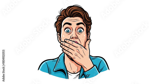 High-quality black outline colorful art of person reacting to gossip, hand over mouth, wide eyes, expressive illustration