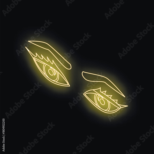 Neon yellow glowing woman eyes with eyebrows and long eyelashes on black background