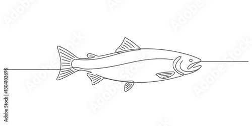 Simple continuous line drawing of a lively fish swimming, capturing minimalist elegance and fluid motion, perfect for modern design.
