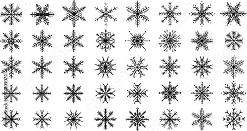 Set of 49 detailed black snowflake icons. Perfect collection for winter holiday designs, Christmas decorations, New Year themes, and frosty patterns. Elegant icy graphic elements.