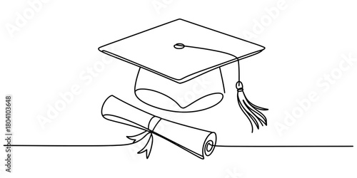 One line drawing of a graduation cap and diploma scroll. continuous line art of academic achievement, success, and education.