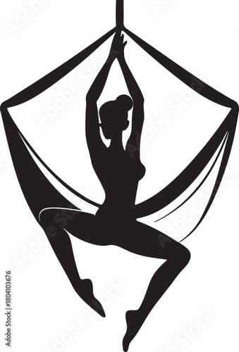 Aerial yoga pose, black silhouette of a woman suspended in a silk hammock