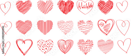 Collection of heart icon hand drawn vector for love logo, heart symbol, doodle icon. Abstract red hearts on a dark background.  A collection of abstract, stylized red heart shapes displayed in rows ag