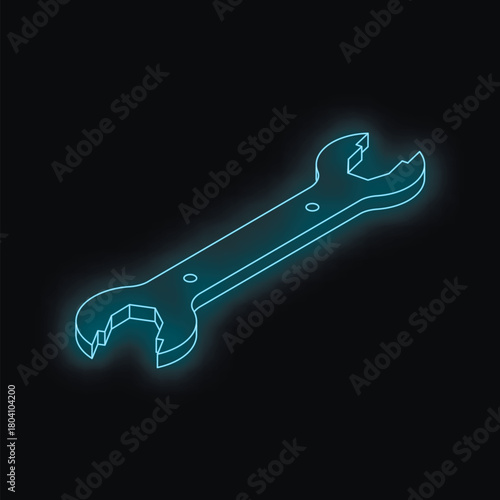 Neon blue wrench outline glowing on a black background, isometric projection